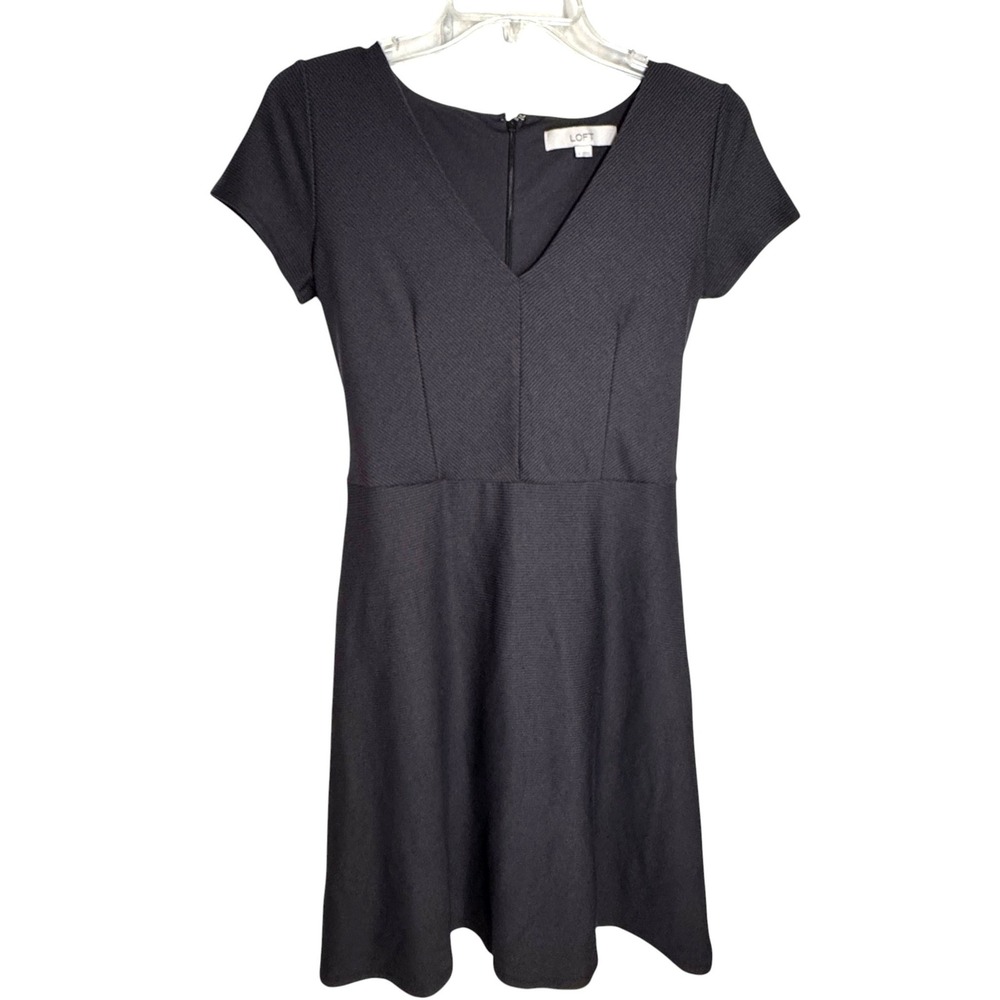 Loft Gray Ribbed V Neck Fit and Flare Dress Womens 4 Knee Length Tie Waist Work
